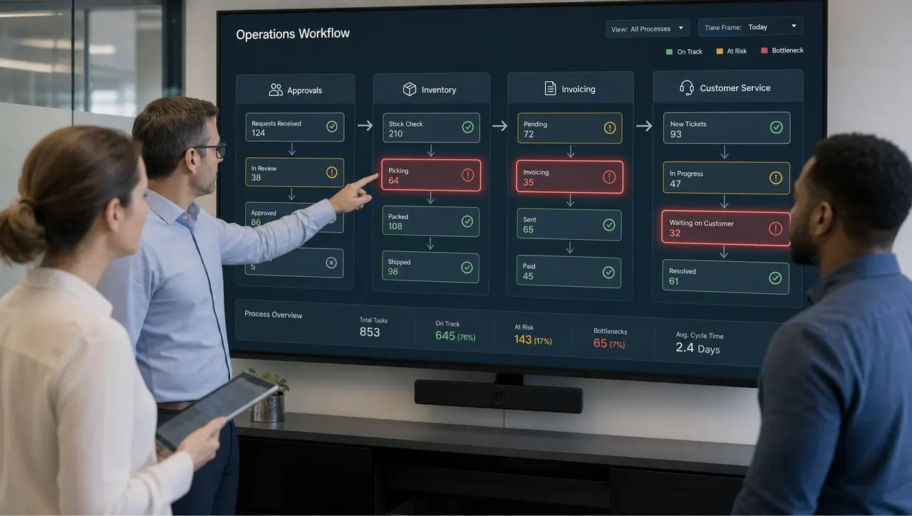 An operations team reviews a workflow board showing approvals, inventory, invoicing, and customer service moving through connected process stages, with bottlenecks highlighted.