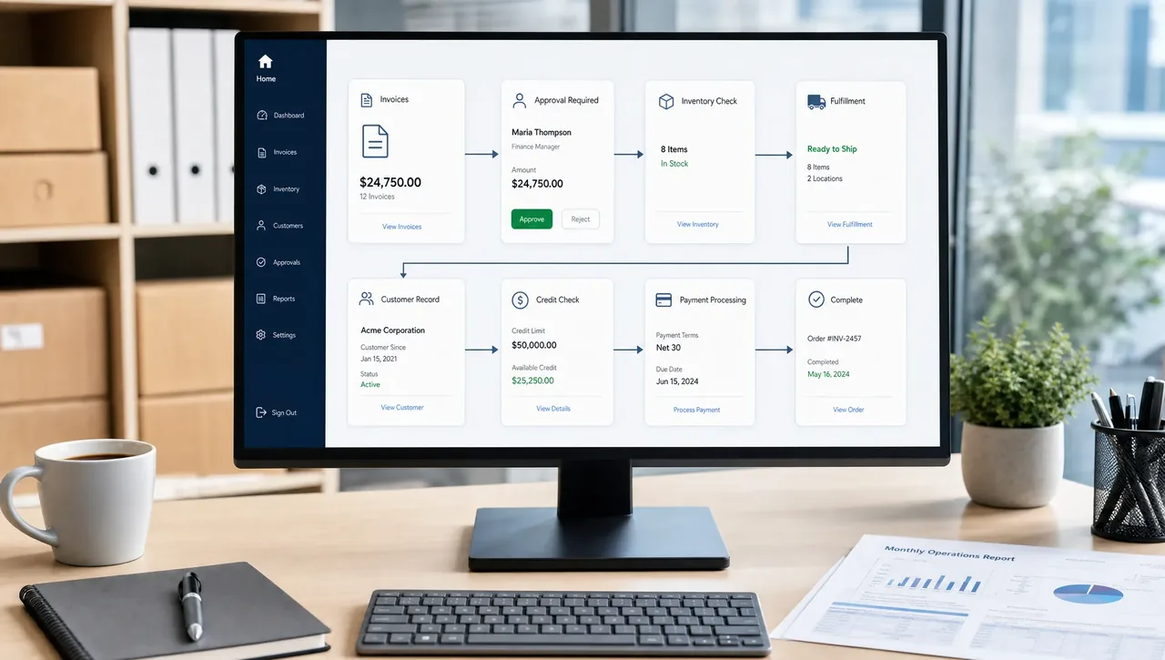 A clean operations workspace showing invoices, inventory, customer records, and approval cards connected by workflow lines, representing automated business processes across departments.