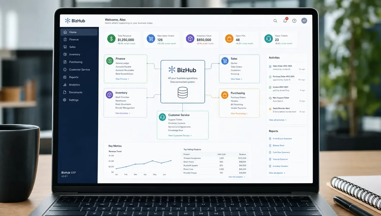 A connected business operations hub with finance, sales, inventory, purchasing, and customer service shown as linked modules inside one central software workspace.