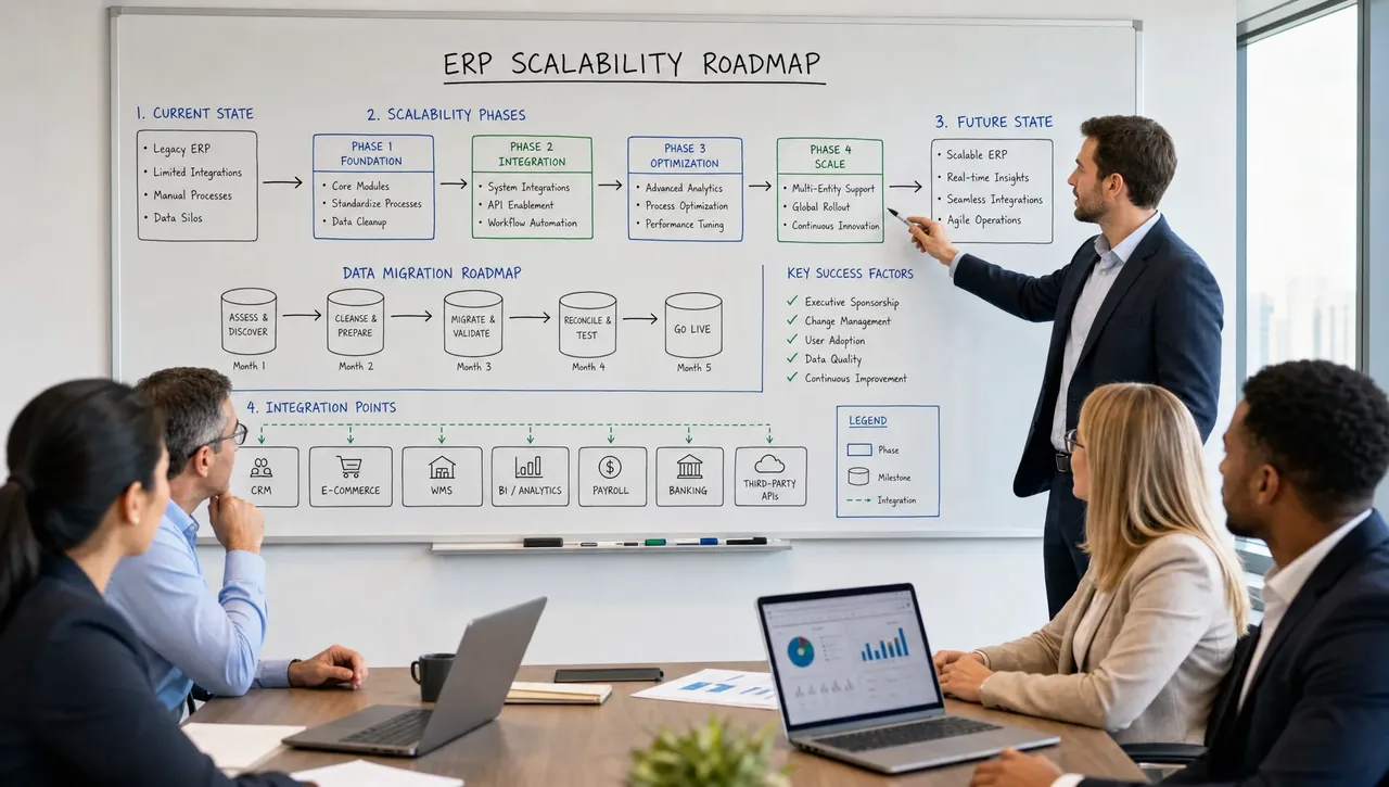 Business leaders reviewing an ERP scalability roadmap with process flows, data migration milestones, and integration points.